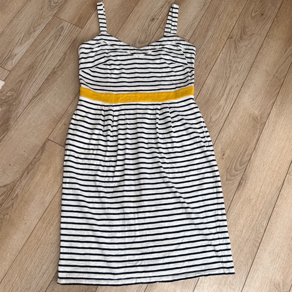 Boden White & Black Striped Sundress with Yellow Waistband